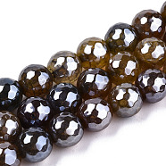 Electroplate Natural Agate Beads Strands, Dyed, Faceted, Pearl Luster Plated, Round, Peru, 10.5mm, Hole: 1.2mm, about 36~37pcs/strand, 14.37 inch~14.57 inch(36.5cm~37cm)(G-T131-55-31)