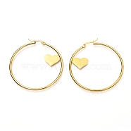 304 Stainless Steel Hoop Earrings, Ring Shape with Heart, Golden, 12 Gauge, 52x50x2mm, Pin: 0.8mm(EJEW-C501-06G)