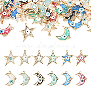 48Pcs 12 Style Alloy Enamel Pendants, Golden, Moon/Star with Evil Eye, Mixed Color, 25~28.5x21~24x2mm, Hole: 1.5~1.6mm, 4pcs/style(ENAM-TA0001-73)