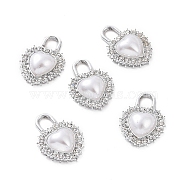 Alloy Rhinestone Pendants, with ABS Plastic Imitation Pearl Beads, Heart Padlock Charm, Platinum, 20x14x4.5mm, Hole: 4x4.5mm(ALRI-C008-62P)