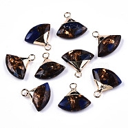 Fan Assembled Synthetic Bronzite and Lapis Lazuli Pendants, with Iron Loop and Light Gold Plated Brass Top, 18~19x18~19x5~6mm, Hole: 2mm(G-N330-024-B01)