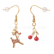 Alloy Enamel Dangle Earrings, Asymmetrical Earrings, with 304 Stainless Steel Earring Hooks and Ear Nuts, Christmas Reindeer & Cherry, Golden, Colorful, 33~43mm, Pin: 0.7mm(EJEW-JE04522)