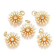 Brass Micro Pave Clear Cubic Zirconia Pendants, Long-Lasting Plated, with Enamel & Jump Rings, Flower, Real 18K Gold Plated, White, 18.2x15.7x5.2mm, Hole: 3mm,  jump ring: 5x1mm(ZIRC-B002-34G-I)