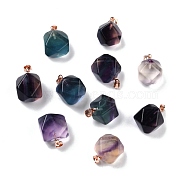 Natural Fluorite Carved Pendants, with Rose Gold Plated Brass Findings, Faceted Polygon, 17.5~18x13~14x11~12mm, Hole: 3.7x4mm(G-J387-99)