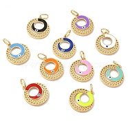 Brass Pendants, with Enamel, Real 18K Gold Plated, Long-Lasting Plated, Round Ring with Evil Eye Charm, Mixed Color, 36.5x32.5x3.5mm, Hole: 11x7.5mm(KK-E076-05G)