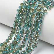 Electroplate Glass Beads Strands, Half Plated, Rainbow Plated, Faceted, Rondelle, Medium Turquoise, 4x3mm, Hole: 0.4mm, about 123~127pcs/strand, 16.5~16.9 inch(42~43cm)(EGLA-A034-T4mm-J06)