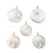 Natural Sea Shell Pendants, Flat Round Charms, with Platinum Plated Brass and Alloy Findings, 33~40.5x29~36.5x8.5~11mm, Hole: 4x6.5mm(SHEL-F005-03P)
