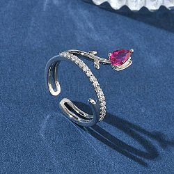 Brass Micro Pave Cubic Zirconia Cuff Open Rings for Women, Flower, Long-Lasting Plated, Rack Plating, Platinum, Deep Pink, 15.5mm,17mm(RJEW-L343-05P-01)