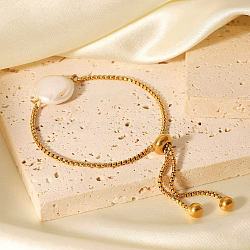 Fashion Stainless Steel Boston Link Chains Slider Bracelets, Oval Natural Freshwater Pearl Link Bracelets for Women, Real 18K Gold Plated, 4-3/8 inch(11cm)(EE0272)