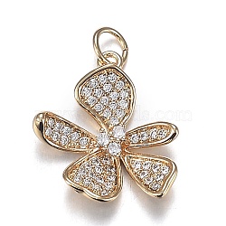 Brass Micro Clear Cubic Zirconia Pendants, Long-Lasting Plated, 5-Petal Flower, Real 18K Gold Plated, 18x16.5x4.5mm, Hole: 3.5mm(ZIRC-F120-043G)