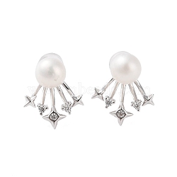 925 Sterling Silver Studs Earring, with Cubic Zirconia and Natural Pearl, Platinum, 14.5x13mm(EJEW-H002-25P)