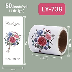 50Pcs Rectangle with Flower Thank You Paper Self-Adhesive Stickers, for DIY Photo Album Diary Scrapbook Decoration, Medium Violet Red, 63.5x58mm, 50pcs/roll(AJEW-S084-01E)