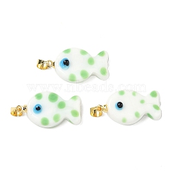 Handmade Lampwork Pendants, Fish, with Brass, Long-Lasting Plated, Rack Plating, Golden, White, 23~24x13~14x7~8.5mm, Hole: 4.5x4mm(LAMP-G168-04E)