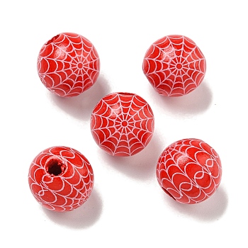 Printed Wood European Beads, Halloween Theme Beads, Round, Red, 15.5~16mm, Hole: 4~4.5mm