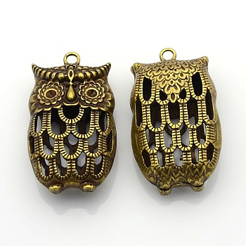 Hollow Tibetan Style Alloy Bird Pendant Rhinestone Settings, Owl for Halloween, Nickel Free, Antique Bronze, 44x25x13mm, Hole: 2mm, fit for 2mm rhinestone