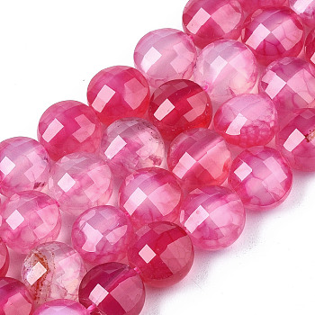 Natural Agate Beads Strands, Dyed & Heated, Faceted, Flat Round, Cerise, 8x6.5mm, Hole: 1.2mm, about 47pcs/strand, 14.96 inch(37cm).