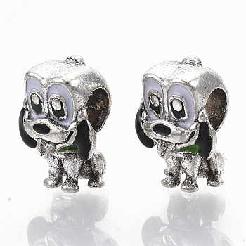 Alloy Enamel European Beads, Large Hole Beads, Dog, Antique Silver, Green, 13x10x8mm, Hole: 4.5mm