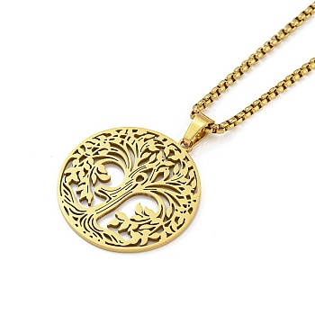 201 Stainless Steel Pendant Necklaces for Man, Tree with Flat Round with Tree of Life, Real 18K Gold Plated & Gunmetal, 23.62 inch(60cm), Tree: 34.5x32x1.3mm