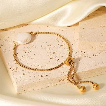 Fashion Stainless Steel Boston Link Chains Slider Bracelets, Oval Natural Freshwater Pearl Link Bracelets for Women, Real 18K Gold Plated, 4-3/8 inch(11cm)