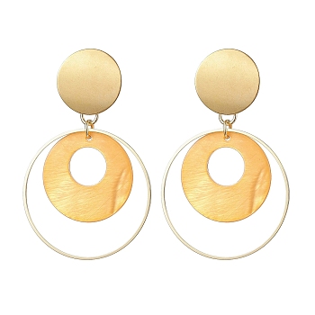Natural Shell Dangle Earrings, Ring 304 Stainless Steel Stud Earring for Women, Gold, 65x39.5mm