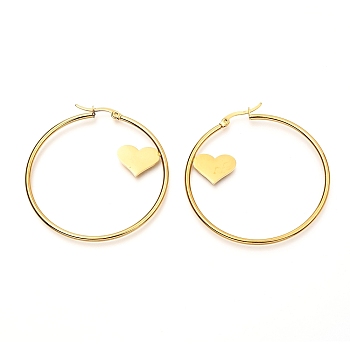 304 Stainless Steel Hoop Earrings, Ring Shape with Heart, Golden, 12 Gauge, 52x50x2mm, Pin: 0.8mm