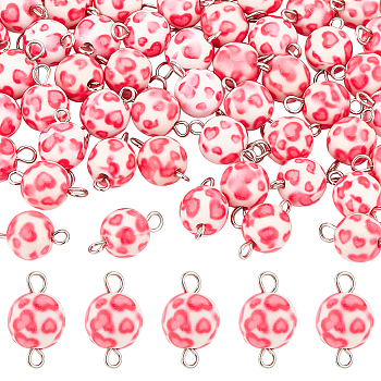 50Pcs Spray Painted Opaque Resin Connector Charms, with Platinum Tone Iron Double Loops, Round with Heart Pattern, Hot Pink, 17x9.5~10mm, Hole: 2mm