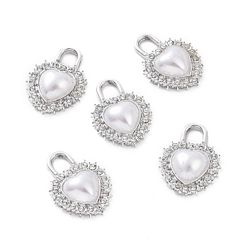 Alloy Rhinestone Pendants, with ABS Plastic Imitation Pearl Beads, Heart Padlock Charm, Platinum, 20x14x4.5mm, Hole: 4x4.5mm
