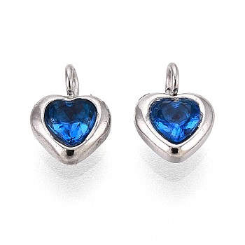 304 Stainless Steel Micro Pave Cubic Zirconia Pendants, Heart Charms, Royal Blue, 7x5x2.5mm, Hole: 1.5mm