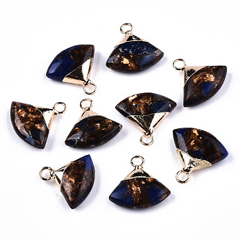 Fan Assembled Synthetic Bronzite and Lapis Lazuli Pendants, with Iron Loop and Light Gold Plated Brass Top, 18~19x18~19x5~6mm, Hole: 2mm