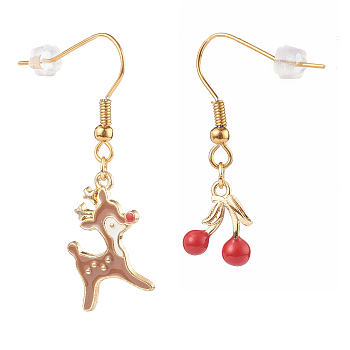 Alloy Enamel Dangle Earrings, Asymmetrical Earrings, with 304 Stainless Steel Earring Hooks and Ear Nuts, Christmas Reindeer & Cherry, Golden, Colorful, 33~43mm, Pin: 0.7mm