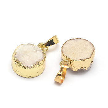 Flat Round Dyed Natural Druzy Agate Pendants, Druzy Trimmed Stone, with Golden Plated Brass Findings, Wheat, 17x14x8~11mm, Hole: 5x8mm