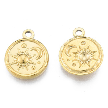 Ion Plating(IP) 201 Stainless Steel Pendants, Flat Round with Sun & Moon, Real 18K Gold Plated, 19x15.5x2.5mm, Hole: 2mm