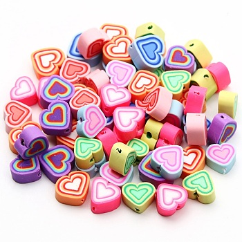 Handmade Polymer Clay Beads, Heart, Mixed Color, 8~10x9~10.5x4~5mm