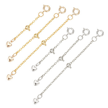 6Pcs 6 Style Brass Chain Extender, End Chains with Heart Chain Tabs and Spring Ring Clasps, for Jewelry Making, Real Gold Plated & Real Platinum Plated, 5.5~9.5cm, 1Pc/style