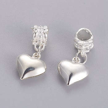 Alloy European Dangle Charms, Large Hole Heart Beads, Silver Color Plated, 25.5mm, Hole: 5mm