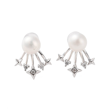 925 Sterling Silver Studs Earring, with Cubic Zirconia and Natural Pearl, Platinum, 14.5x13mm