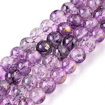 Baking Painted Crackle Glass Bead Strands, with Gold Powder, Round, Dark Orchid, 6mm, Hole: 1.2mm, about 147pcs/strand, 31.10 inch(79cm)