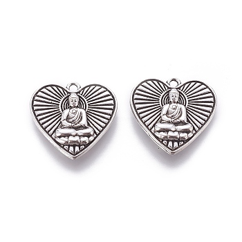 Tibetan Style Alloy Pendants, Cadmium Free & Nickel Free & Lead Free, Heart with Buddha, Antique Silver, 23x25x3mm, Hole: 2mm