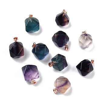 Natural Fluorite Carved Pendants, with Rose Gold Plated Brass Findings, Faceted Polygon, 17.5~18x13~14x11~12mm, Hole: 3.7x4mm