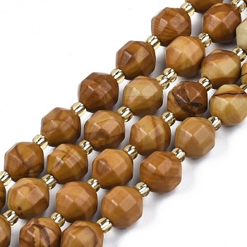 Natural Picture Jasper Beads Strands, with Seed Beads, Faceted Bicone Barrel Drum, 7~8x7~8mm, Hole: 1mm, about 35~38pcs/strand, 13.82 inch~14.84 inch(35.1~37.7cm)