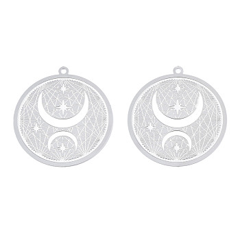 304 Stainless Steel Filigree Pendants, Etched Metal Embellishments, Moon with Star, Stainless Steel Color, 32.5x30x0.2mm, Hole: 1.5mm