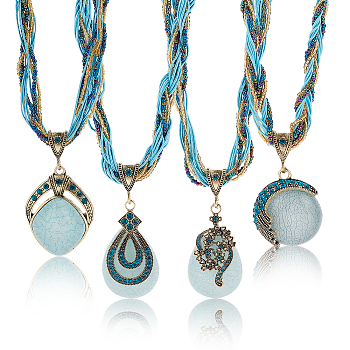 4Pcs 4 Style Flat Round & Teardrop & Rhombus Resin Pendant Necklace Sets with Rhinestone, Bohemian Acrylic & Glass Beaded Stackable Necklaces for Women, Cyan, 17.52~19.29 inch(44.5~49cm), 1Pc/style