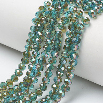 Electroplate Glass Beads Strands, Half Plated, Rainbow Plated, Faceted, Rondelle, Medium Turquoise, 4x3mm, Hole: 0.4mm, about 123~127pcs/strand, 16.5~16.9 inch(42~43cm)