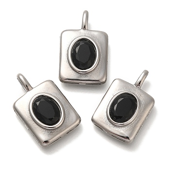 304 Stainless Steel Jet Rhinestone Pendants, Rectangle, Stainless Steel Color, 20x12.5x4mm, Hole: 4.5x2mm