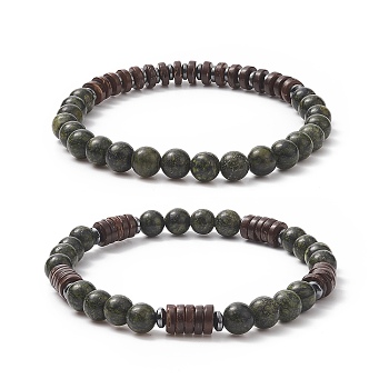 Natural Serpentine & Synthetic Non-magnetic Hematite Beads Energy Stretch Bracelets Set, Coconut Beads Bracelets for Girl Women, Inner Diameter: 2-3/8 inch(5.9cm), 2pcs/set