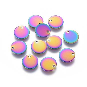 Ion Plating(IP) 304 Stainless Steel Charms, Flat Round, Stamping Blank Tag, Rainbow Color, 10x0.8mm, Hole: 1.2mm