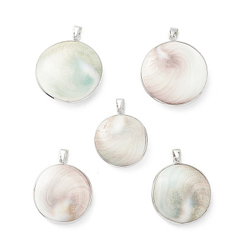 Natural Sea Shell Pendants, Flat Round Charms, with Platinum Plated Brass and Alloy Findings, 33~40.5x29~36.5x8.5~11mm, Hole: 4x6.5mm