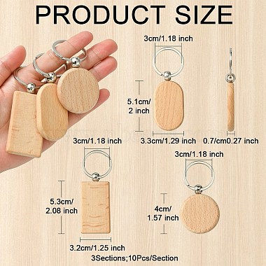 30Pcs 3 Style Rectangle/Flat Round Wooden Blank Engravable Tags Keychain(KEYC-YW0001-08)-2