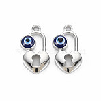 Alloy Enamel Pendants, Platinum, Cadmium Free & Lead Free, Lock with Evil Eye, Dark Blue, 23x11.5x4mm, Hole: 1.6mm(PALLOY-S132-349P)