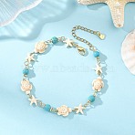 Ocean Starfish Turtle Anklets, Dyed Synthetic Turquoise Beaded Chain Anklets, Golden, Colorful, 9 inch(229mm)(AJEW-AN00847-02)